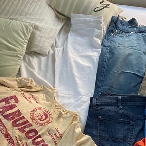 Two pair of 7 jeans and white joe jeans and Claude Deisel shirt